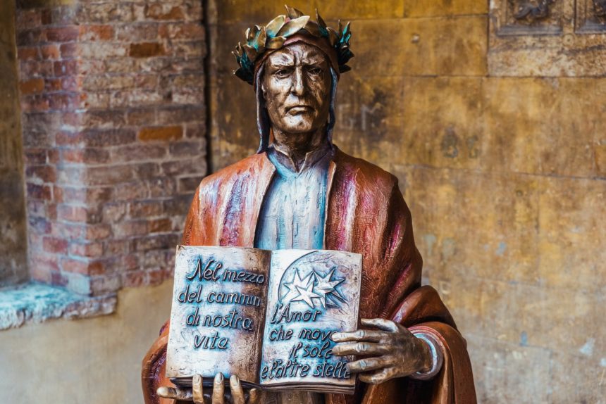 Verona, Italy - September 22, 2021: Bronze statue of Dante Alighieri, author of the Divine Comedy.